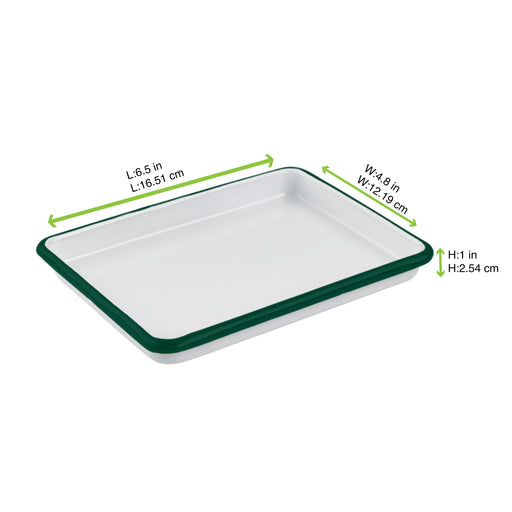 Vassoio Enamel in acciaio smaltato bianco con bordo verde - 16,5 cm x 12,2 cm x 2,5 cm - 12 unità