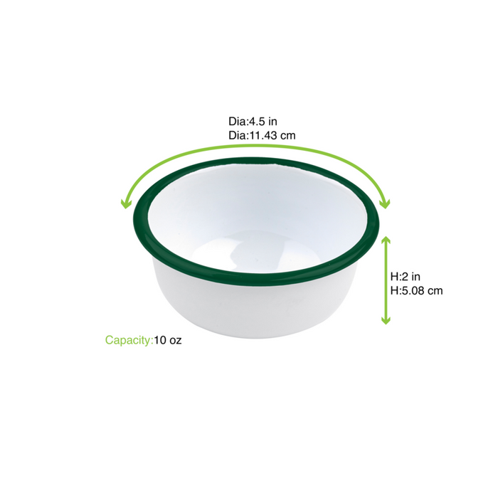 Ciotola fonda a bordi dritti in acciaio smaltato bianco con bordo verde "Enamel" - 300 ml - Ø 11,5 cm - H 5 cm - 12 unità - dimensions